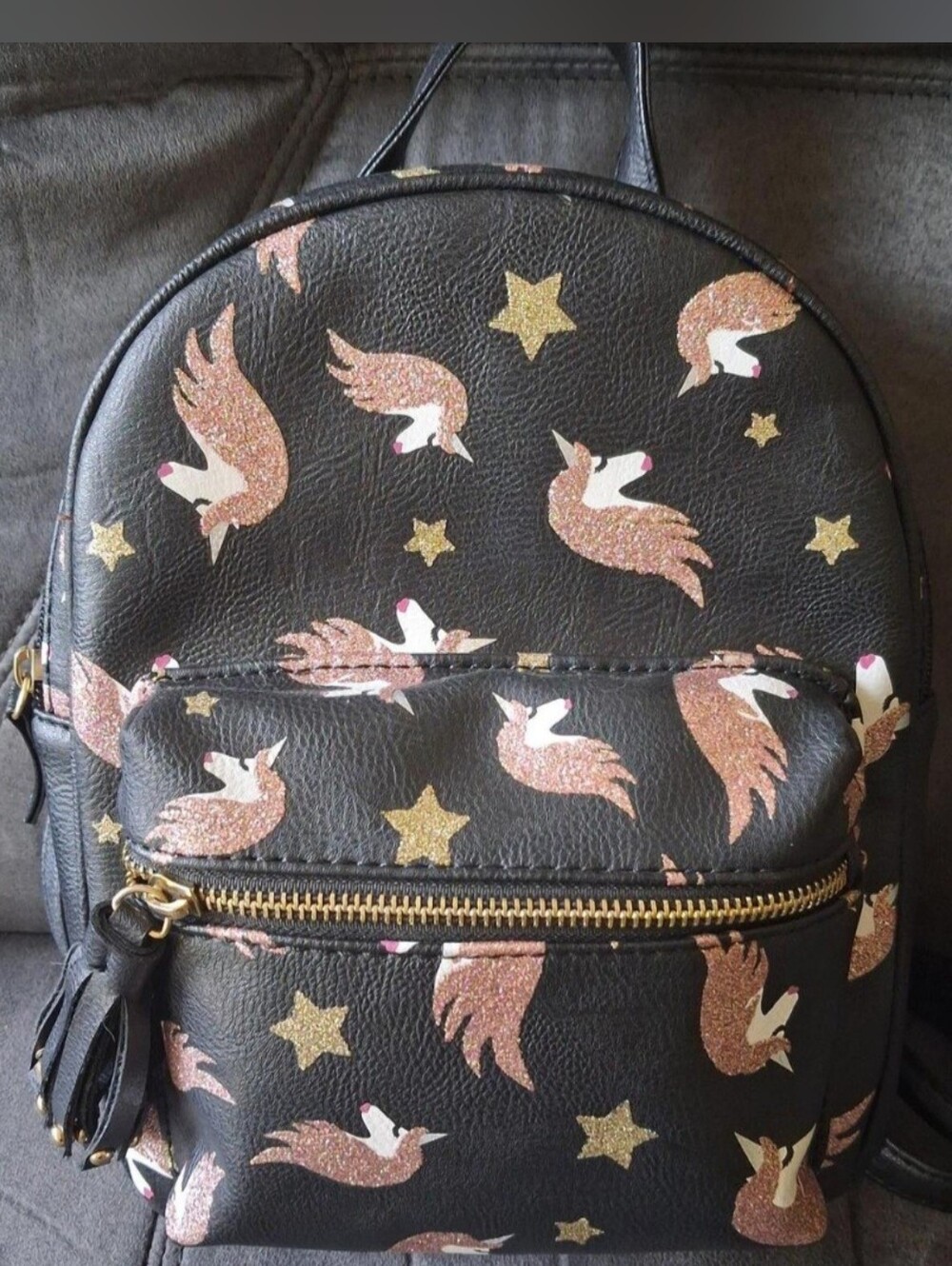 Black Mini Backpack with Pink Glitter Unicorns and Gold Stars